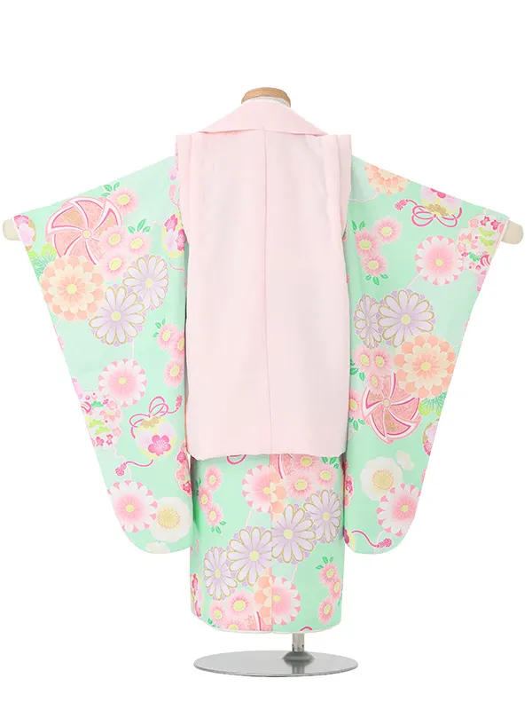 七五三(3歳女児被布)3388 ピンク紗綾形文小花刺繍×ミント紗綾形文毬花づくし