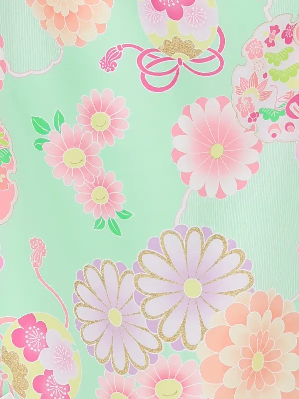 七五三(3歳女児被布)3388 ピンク紗綾形文小花刺繍×ミント紗綾形文毬花づくし