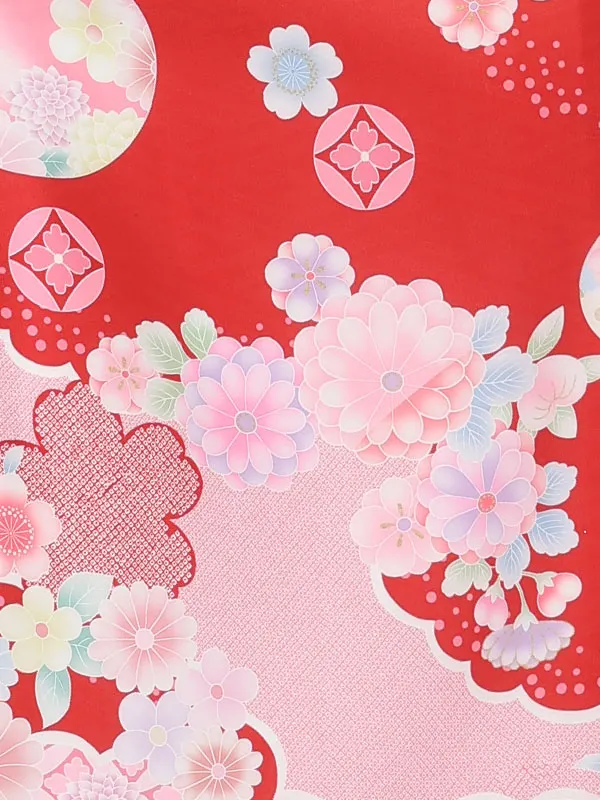 七五三(3歳女児被布)3389 白紗綾形文束ねのし刺繍×赤紗綾形文花づくし