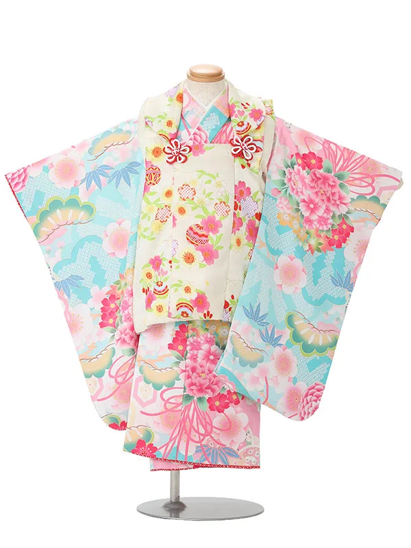 七五三(3歳女児被布)3411 淡クリーム毬桜×水色花づくし