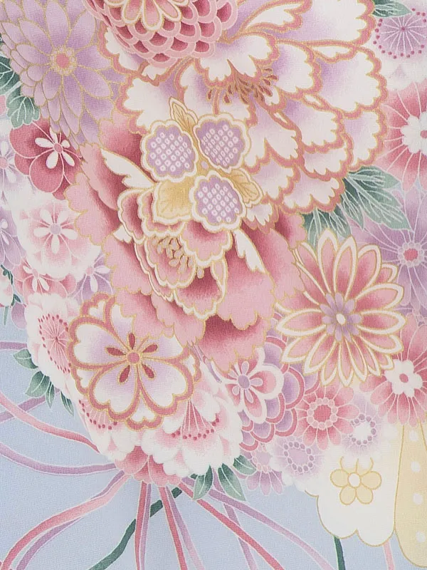 七五三(3歳女児被布)A082 白刺繍柄×水色花総柄