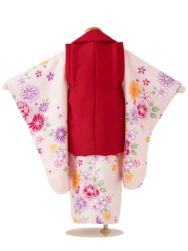 七五三(3歳女児被布)A085 赤菊×ピンク花柄