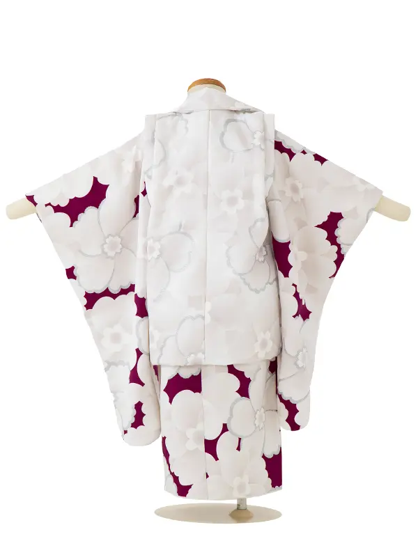 七五三(3歳女児被布)A088 淡グレージュ大花柄×エンジ白大花柄