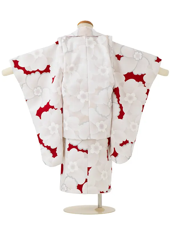 七五三(3歳女児被布)A089 淡ベージュ白大花柄×赤白大花柄
