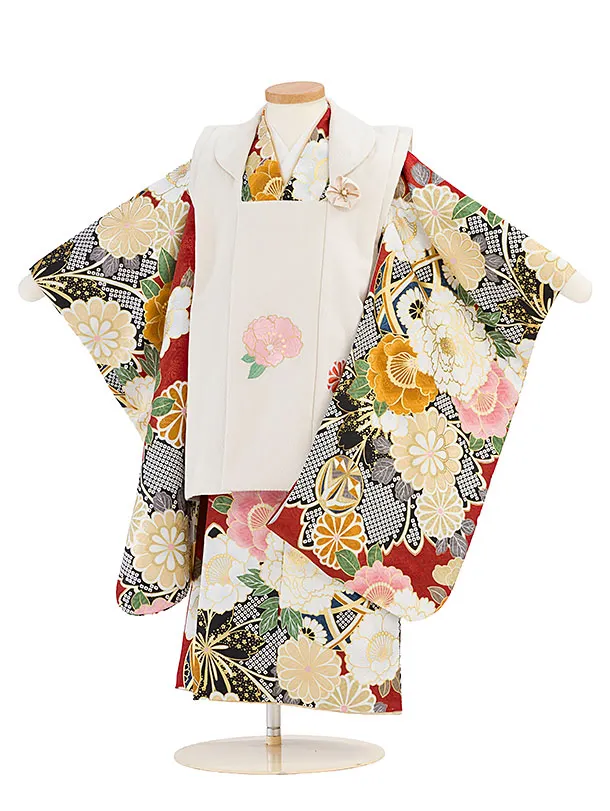 七五三(3歳女児被布)A094 アイボリーぼたん菊×赤紗綾形文花づくし