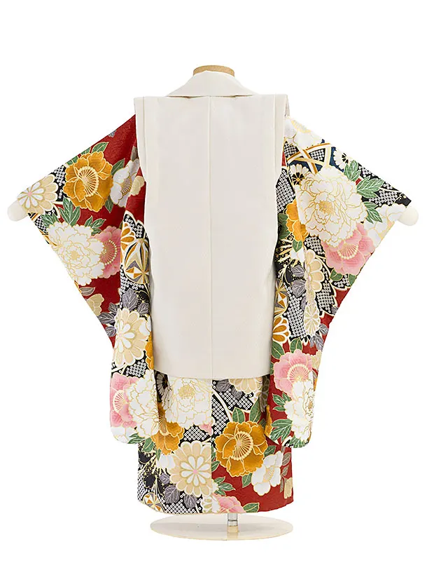 七五三(3歳女児被布)A094 アイボリーぼたん菊×赤紗綾形文花づくし