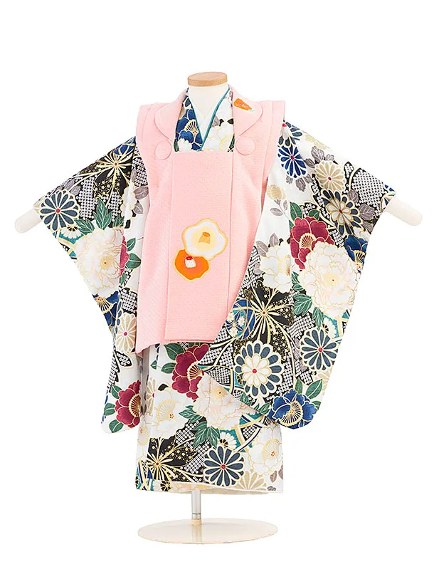 七五三(3歳女児被布)A095 ピンク椿×白紗綾形文花づくし