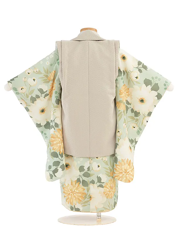 七五三(3歳女児被布)A098 ベージュ無地×ミント花づくし