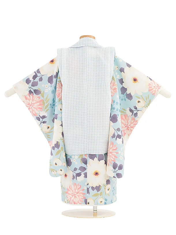 七五三(3歳女児被布)A099 水色ギンガムチェック×水色花づくし
