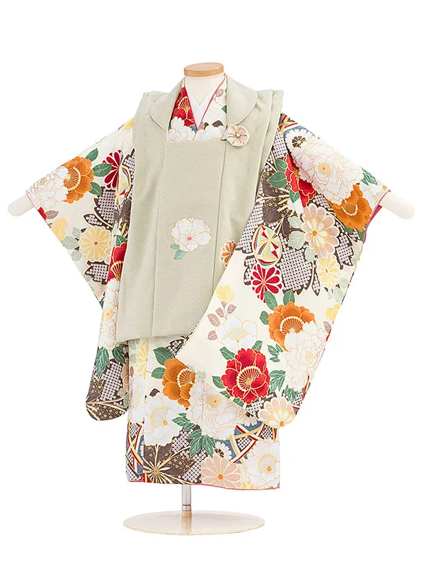 七五三(3歳女児被布)A0100 グリーンぼたん菊×クリーム花づくし