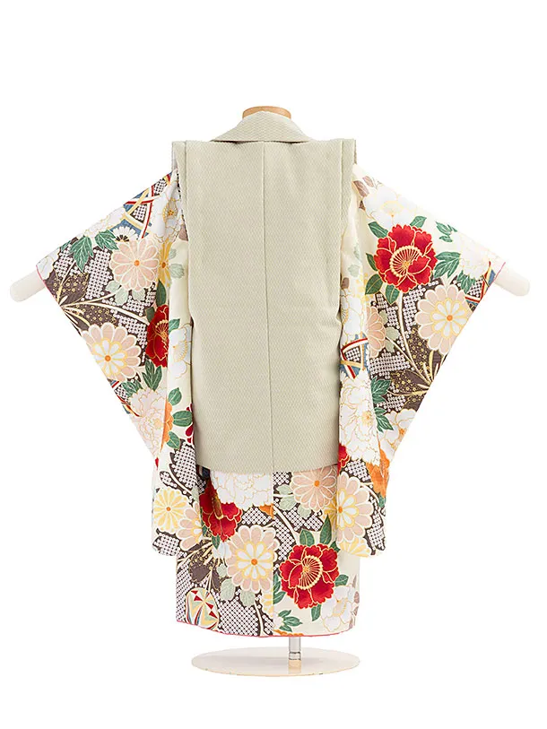 七五三(3歳女児被布)A0100 グリーンぼたん菊×クリーム花づくし