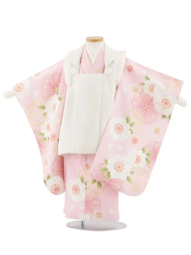 七五三(3歳女児被布)A105 オフホワイト花文×ピンク紗綾形文桜
