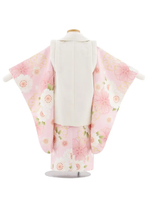 七五三(3歳女児被布)A105 オフホワイト花文×ピンク紗綾形文桜