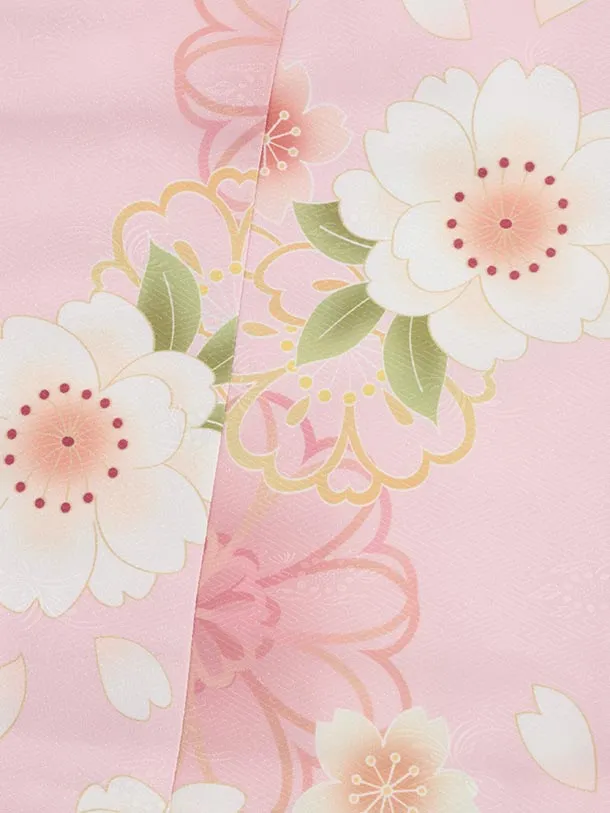 七五三(3歳女児被布)A105 オフホワイト花文×ピンク紗綾形文桜