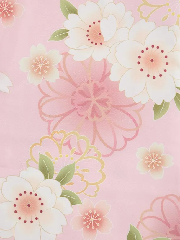 七五三(3歳女児被布)A105 オフホワイト花文×ピンク紗綾形文桜