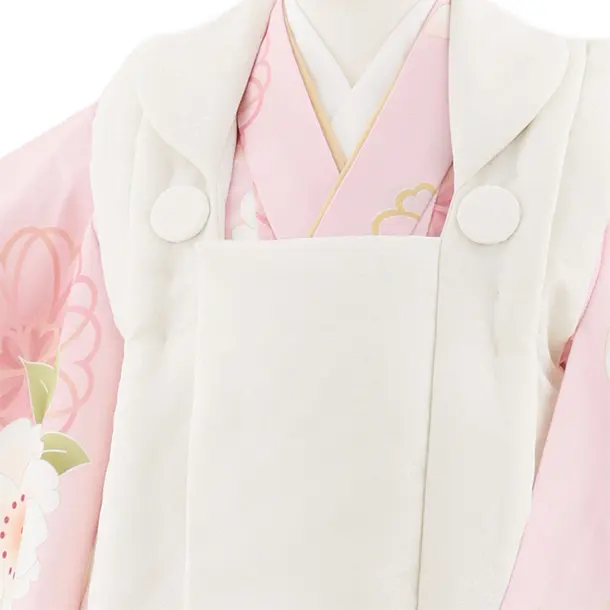 七五三(3歳女児被布)A105 オフホワイト花文×ピンク紗綾形文桜