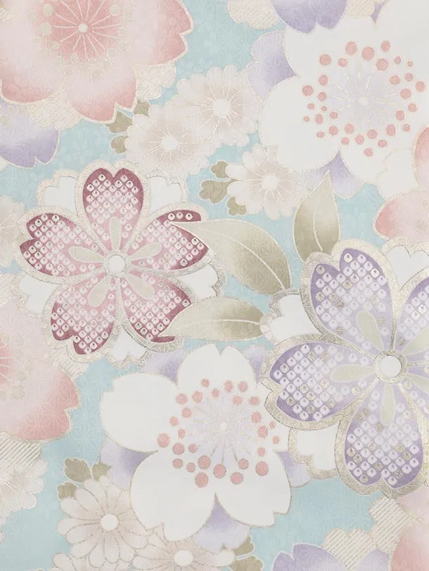 七五三(3歳女児被布)A106 白地総刺繍×水色麻の葉文花づくし