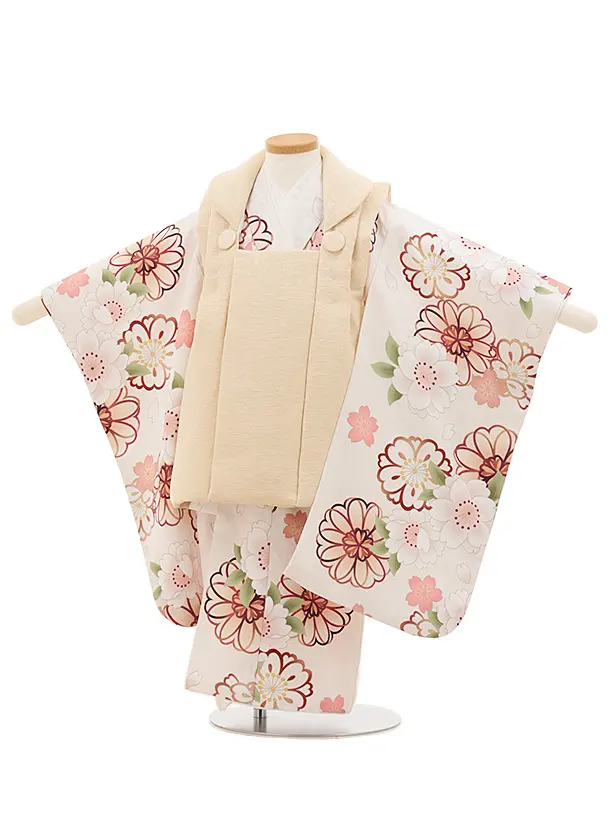 七五三(3歳女児被布)A107 ベージュ地総草花×白紗綾形文菊桜