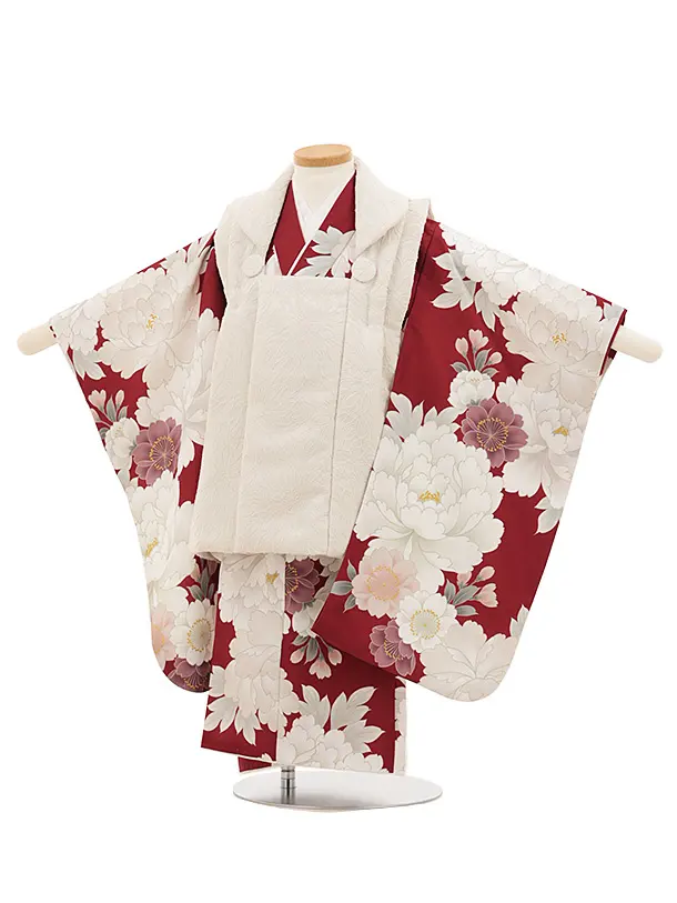 七五三(3歳女児被布)A111 アイボリー地総刺繍×エンジ紗綾形文ぼたん桜
