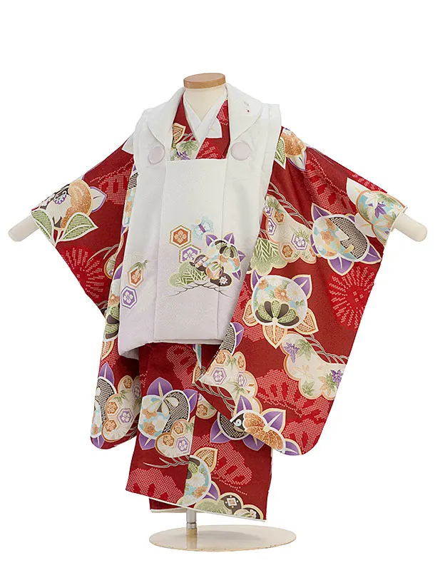 七五三(3歳女児被布)A120 白薄紫グラデ地松橘×赤松橘