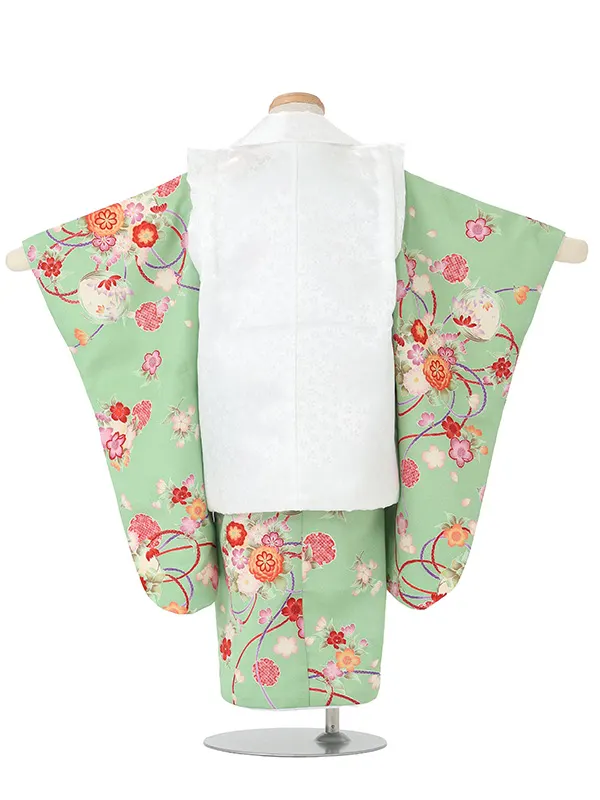 七五三(3歳女児被布)A123 白小花文梅×グリーン菊梅桜
