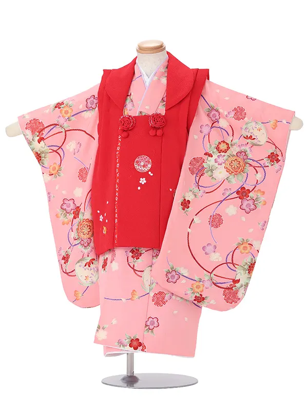 七五三(3歳女児被布)A124 赤毬×ピンク菊梅桜