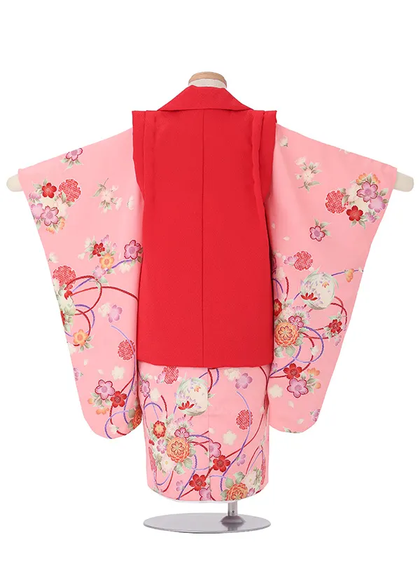 七五三(3歳女児被布)A124 赤毬×ピンク菊梅桜