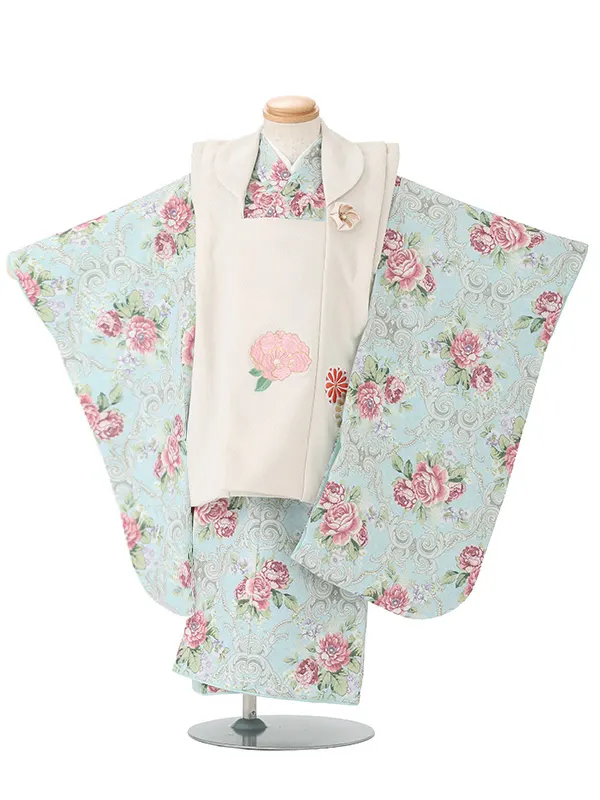 七五三(3歳女児被布)A125 アイボリー椿菊×ミント薔薇