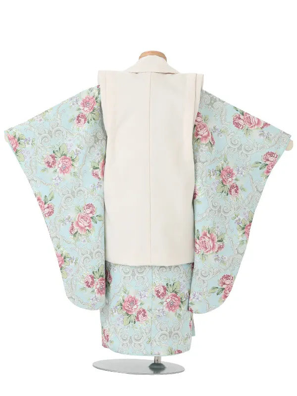 七五三(3歳女児被布)A125 アイボリー椿菊×ミント薔薇