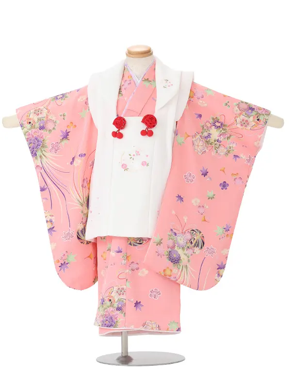 七五三(3歳女児被布)A126 白うさぎ小花×ピンク毬菊