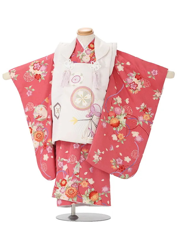 七五三(3歳女児被布)A128 白梅竹×淡エンジ菊桜