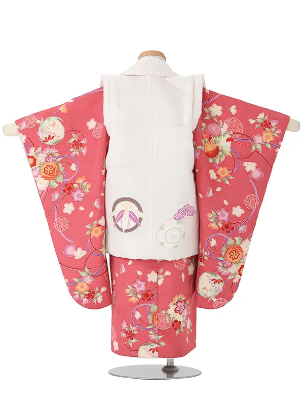 七五三(3歳女児被布)A128 白梅竹×淡エンジ菊桜