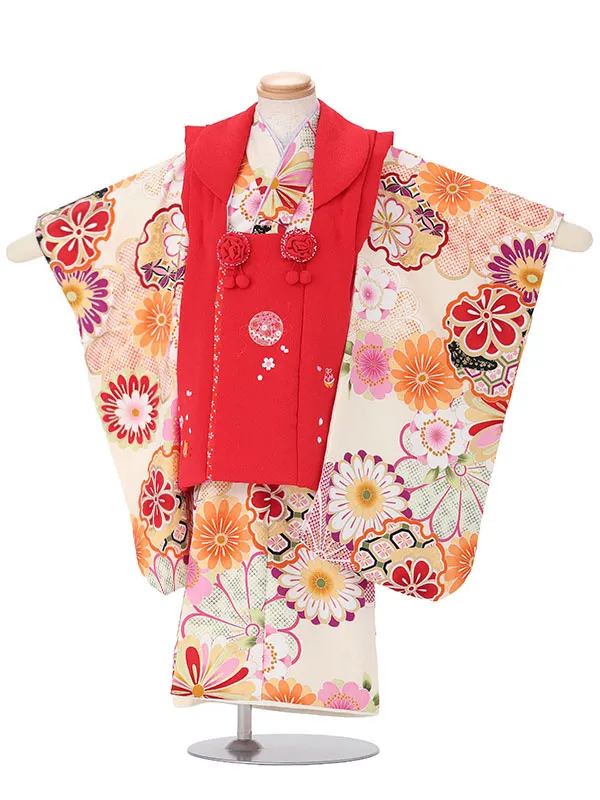 七五三(3歳女児被布)A129 赤毬桜×淡クリーム花づくし