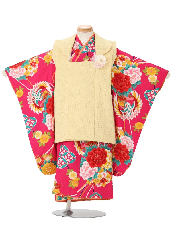 七五三(3歳女児被布)A144 黄色小花柄×ショッキングピンク鶴ぼたん菊