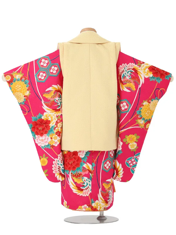七五三(3歳女児被布)A144 黄色小花柄×ショッキングピンク鶴ぼたん菊