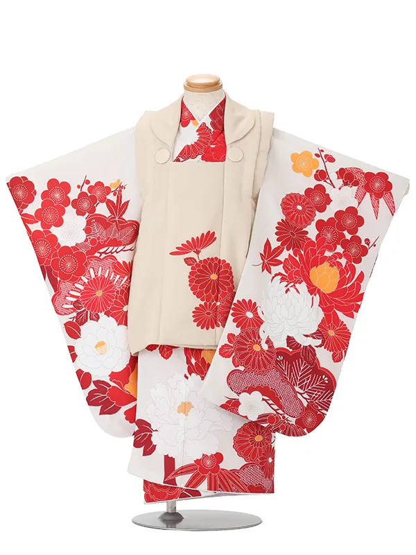 七五三(3歳女児被布)A166 淡ベージュ菊×白菊つばき