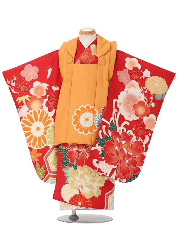 七五三(3歳女児被布)A168 オレンジ菊×赤花づくし
