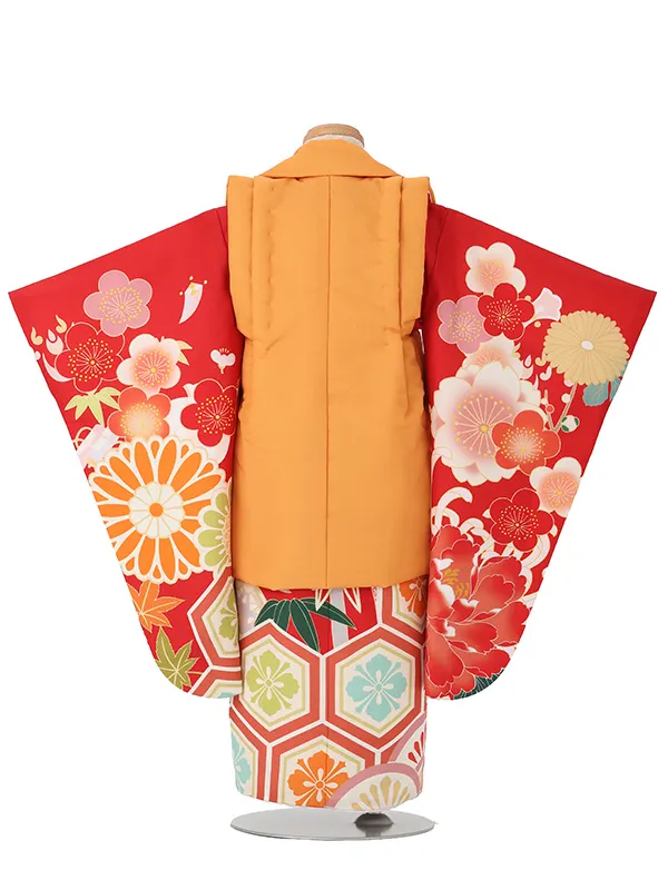 七五三(3歳女児被布)A168 オレンジ菊×赤花づくし
