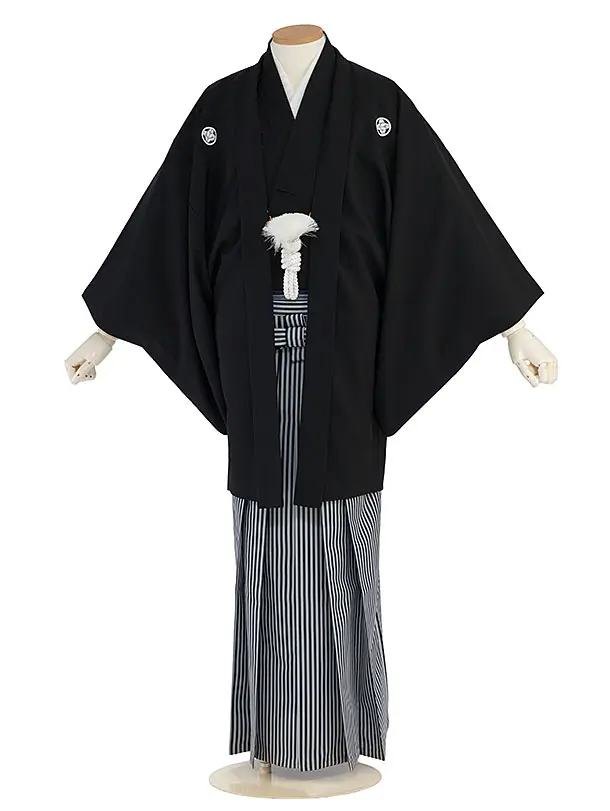卒業式成人式袴レンタル D0001 黒紋付6号／白黒縞袴