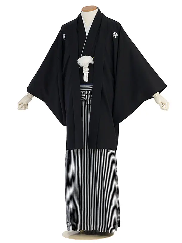 卒業式成人式袴レンタル D0004 黒紋付7号／白黒縞袴