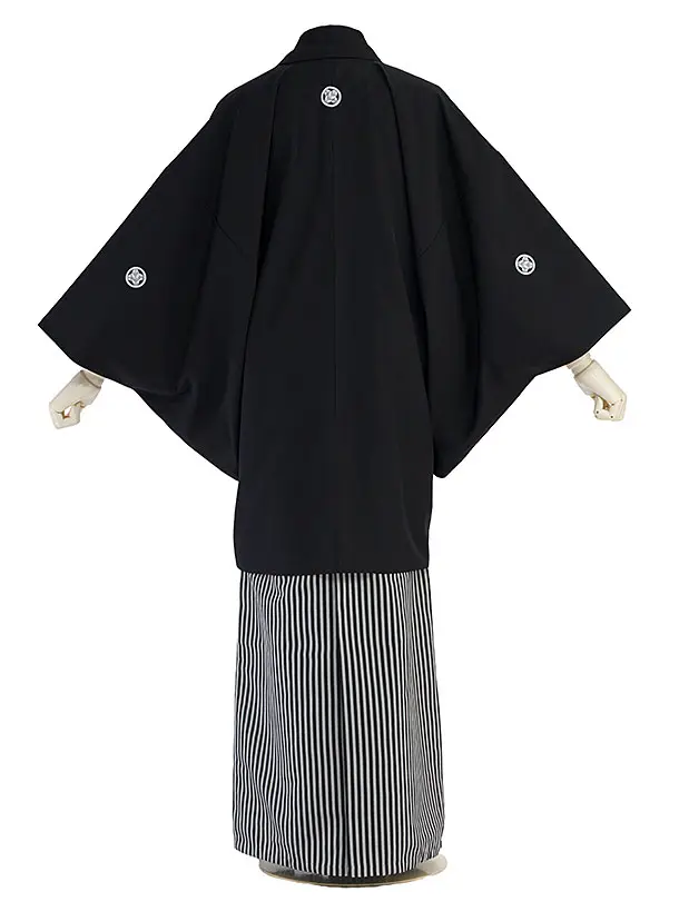 卒業式成人式袴レンタル D0005 黒紋付8号／白黒縞袴