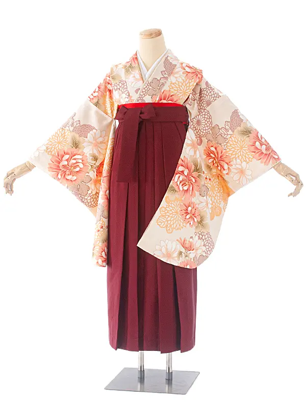 卒業式袴 D0037 ベージュ 乱菊×エンジ無地袴