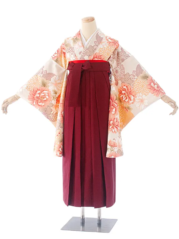 卒業式袴 D0037 ベージュ 乱菊×エンジ無地袴