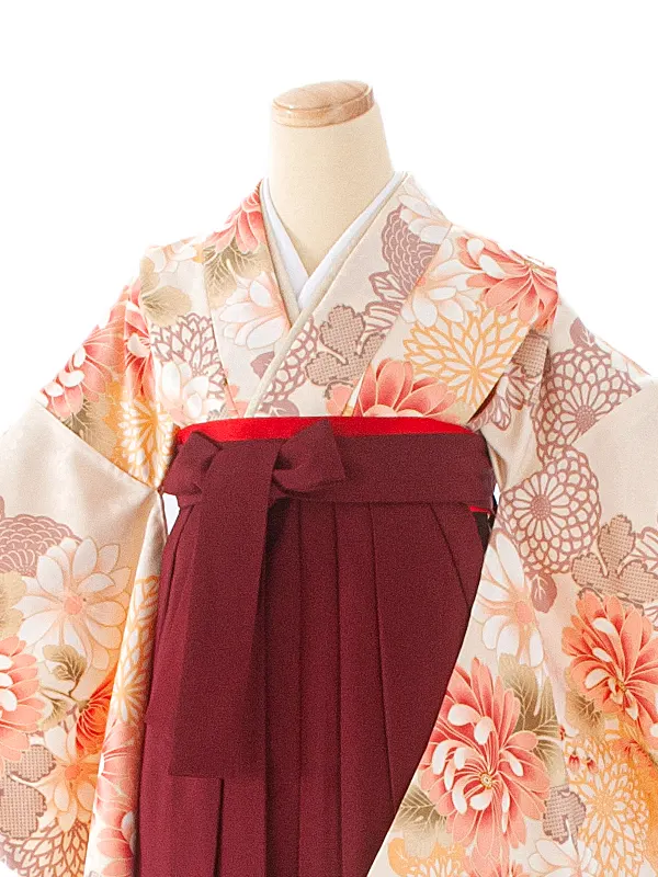 卒業式袴 D0037 ベージュ 乱菊×エンジ無地袴