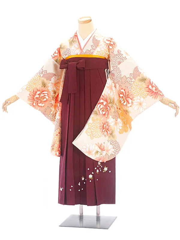 卒業式袴 D0038 ベージュ 乱菊×エンジ袴