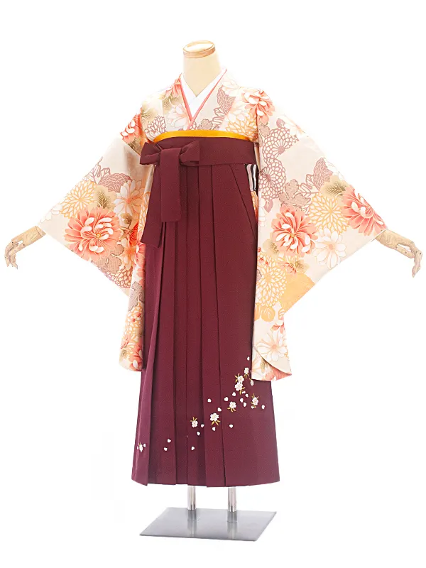 卒業式袴 D0038 ベージュ 乱菊×エンジ袴