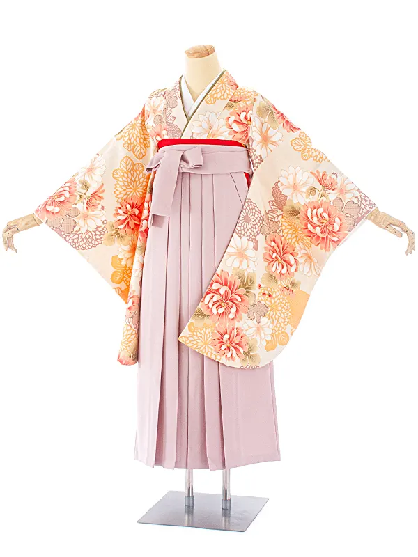 卒業式袴 D0039 ベージュ 乱菊×薄ピンク袴