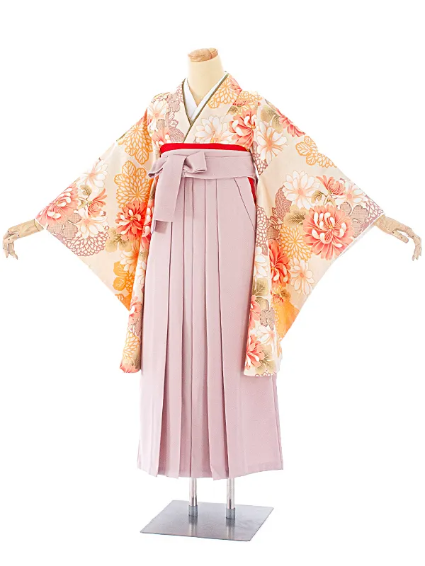 卒業式袴 D0039 ベージュ 乱菊×薄ピンク袴