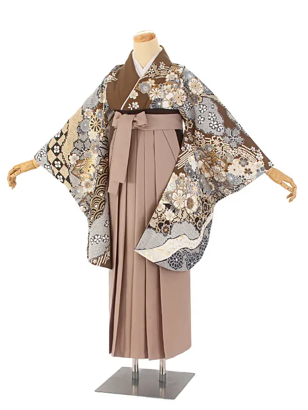 卒業式袴 D0041 絵羽 カーキ 御所車 桜×ベージュ無地袴