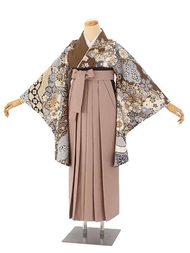 卒業式袴 D0041 絵羽 カーキ  桜×ベージュ無地袴